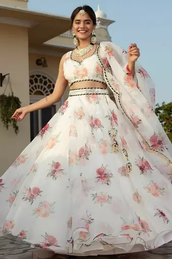 white organza printed lehenga choli with dupatta