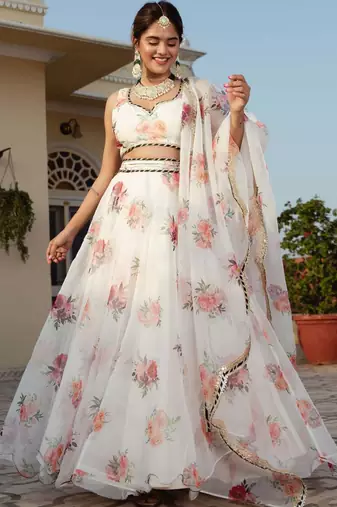 white organza printed lehenga choli with dupatta