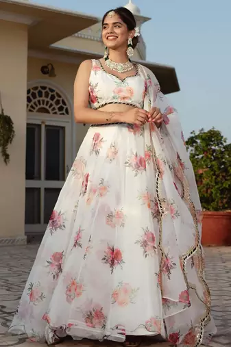 white organza printed lehenga choli with dupatta