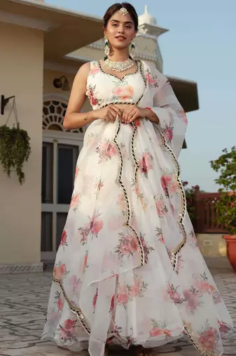 white organza printed lehenga choli with dupatta