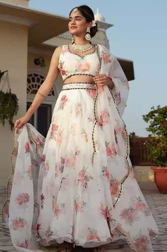 white organza printed lehenga choli with dupatta