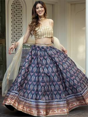 blue art silk printed lehenga choli with dupatta 1