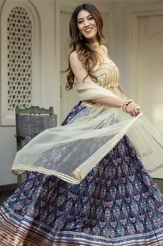 blue art silk printed lehenga choli with dupatta