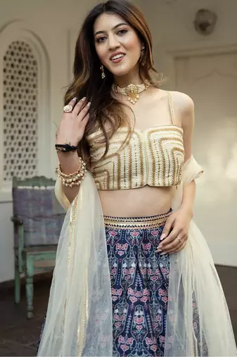 blue art silk printed lehenga choli with dupatta
