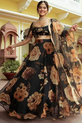 black organza printed lehenga choli with dupatta