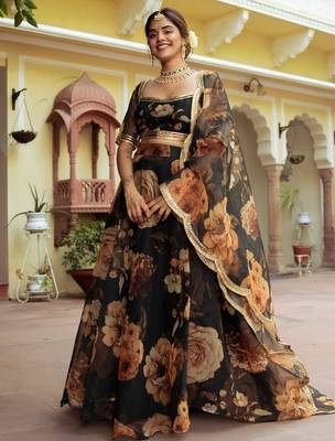 black organza printed lehenga choli with dupatta 2