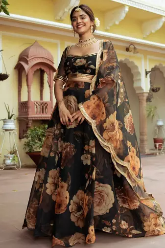 black organza printed lehenga choli with dupatta