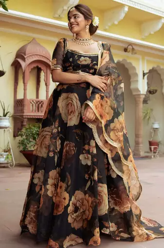 black organza printed lehenga choli with dupatta