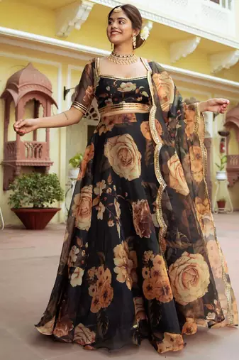 black organza printed lehenga choli with dupatta