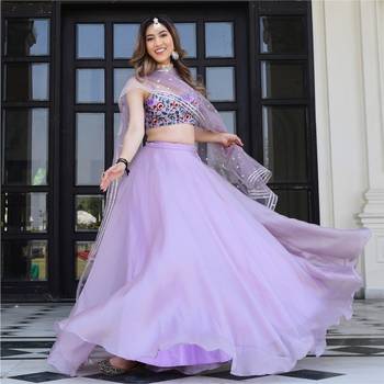 lavender organza printed lehenga choli with dupatta 1