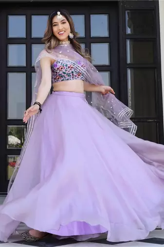 lavender organza printed lehenga choli with dupatta