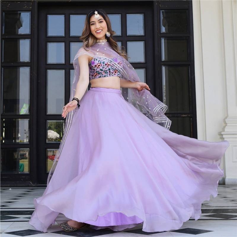 lavender organza printed lehenga choli with dupatta