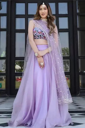 lavender organza printed lehenga choli with dupatta