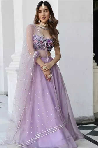 lavender organza printed lehenga choli with dupatta