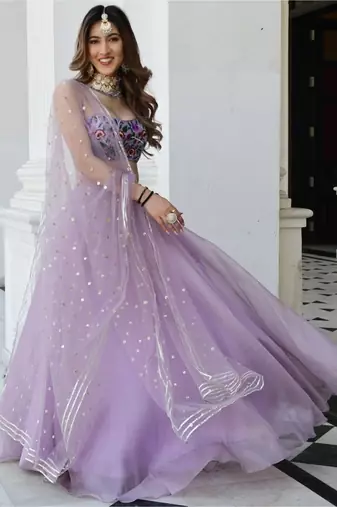 lavender organza printed lehenga choli with dupatta