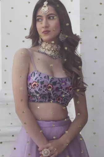 lavender organza printed lehenga choli with dupatta