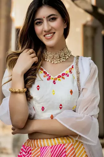 multicolor organza printed lehenga choli with dupatta
