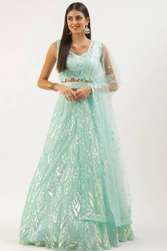 blue net embroidered lehenga choli with dupatta