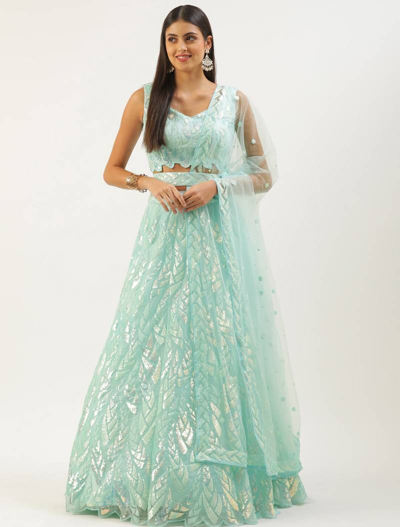 blue net embroidered lehenga choli with dupatta