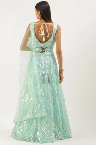 blue net embroidered lehenga choli with dupatta