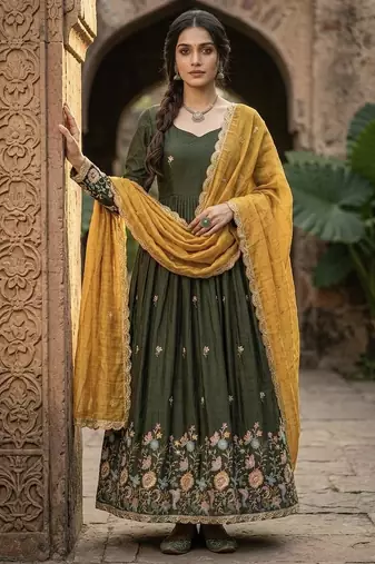 Silk blend sequins embroidered anarkali with dupatta stitched