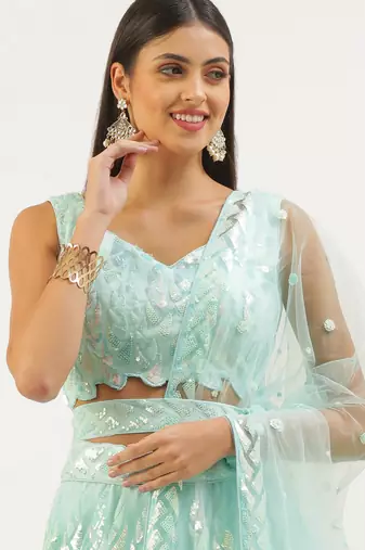 blue net embroidered lehenga choli with dupatta