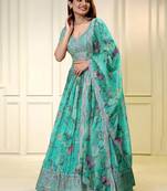 turquoise organza printed lehenga choli with dupatta