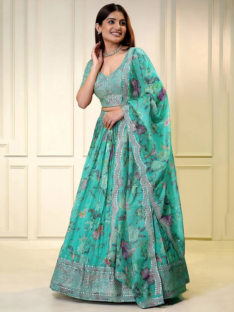 turquoise organza printed lehenga choli with dupatta