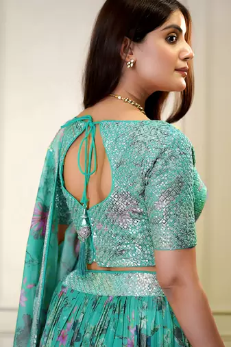 turquoise organza printed lehenga choli with dupatta