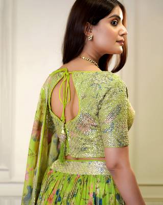 parrot green organza printed lehenga choli with dupatta 5