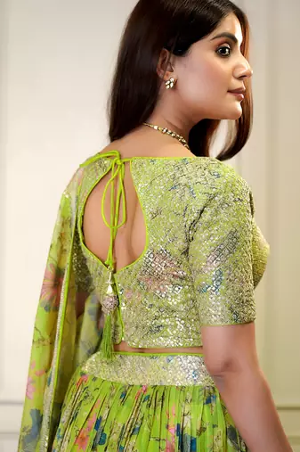 parrot green organza printed lehenga choli with dupatta