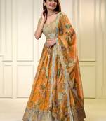 orange organza printed lehenga choli with dupatta