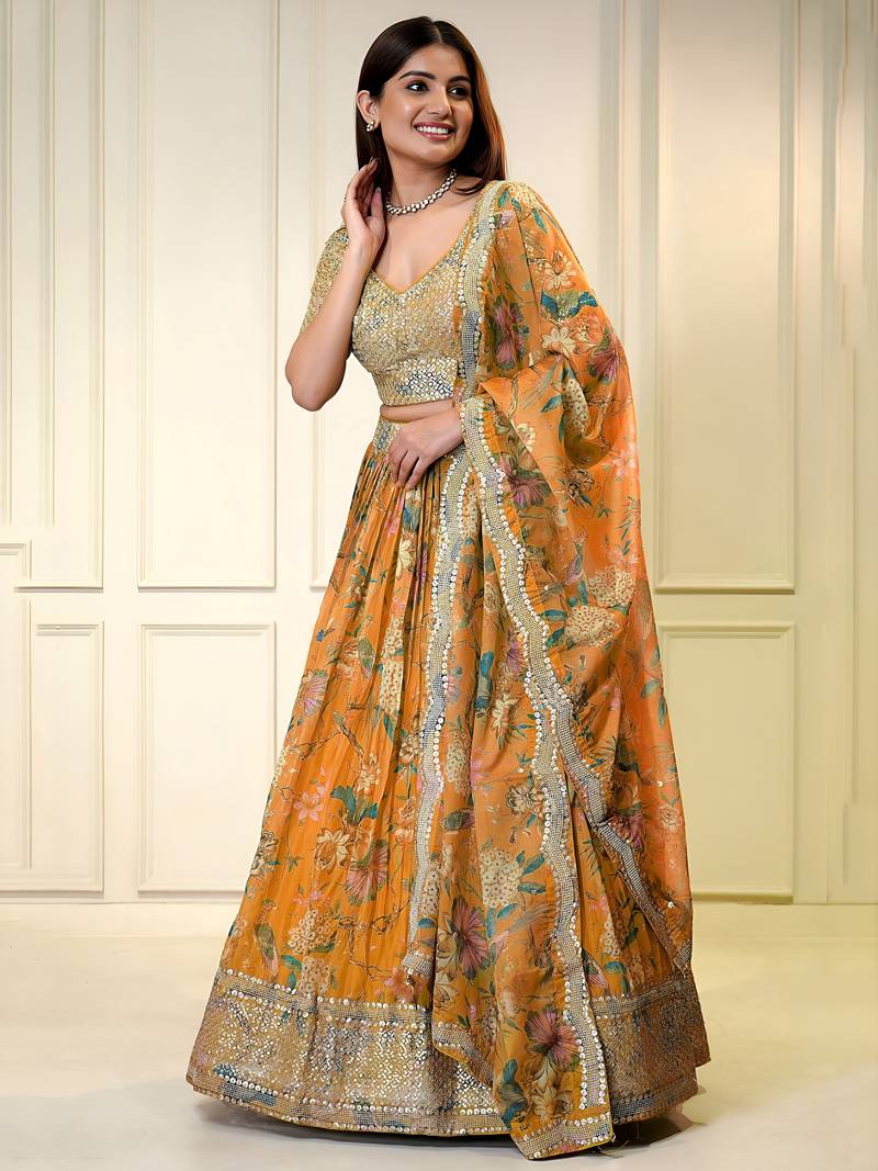 orange organza printed lehenga choli with dupatta