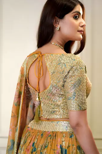 orange organza printed lehenga choli with dupatta