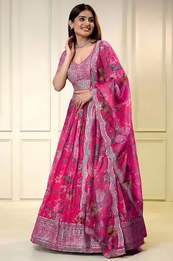 pink organza printed lehenga choli with dupatta
