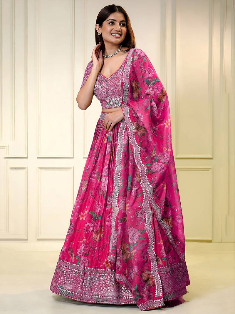 pink organza printed lehenga choli with dupatta