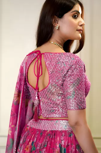 pink organza printed lehenga choli with dupatta