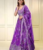 purple organza printed lehenga choli with dupatta