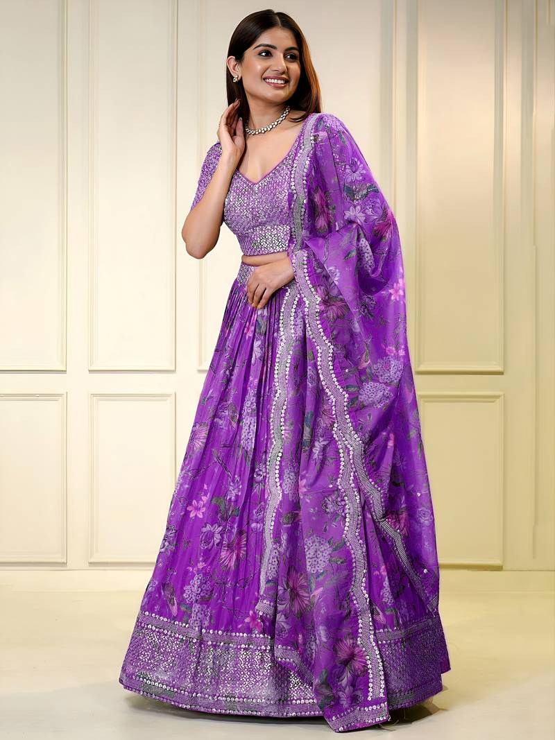 purple organza printed lehenga choli with dupatta