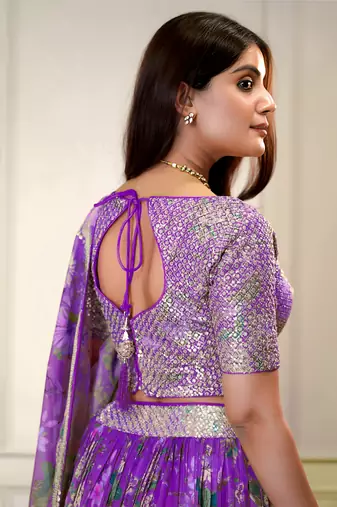 purple organza printed lehenga choli with dupatta