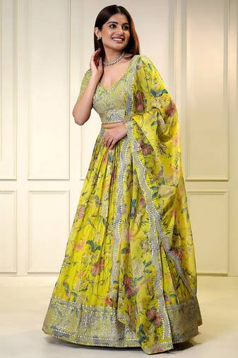 yellow organza printed lehenga choli with dupatta