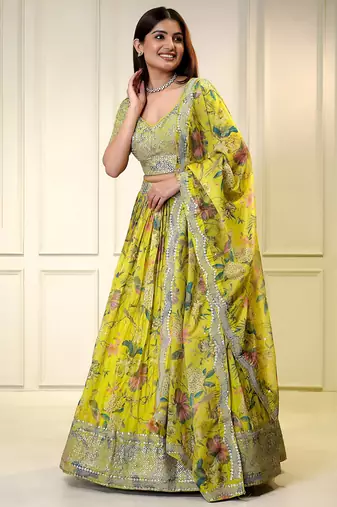 yellow organza printed lehenga choli with dupatta