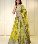 yellow organza printed lehenga choli with dupatta