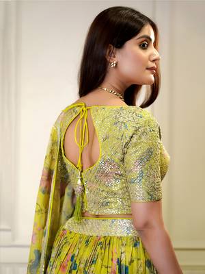 yellow organza printed lehenga choli with dupatta 3