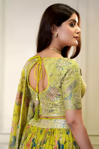 yellow organza printed lehenga choli with dupatta
