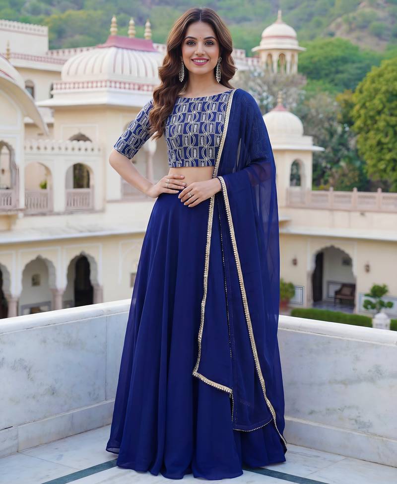 blue georgette plain lehenga choli with dupatta