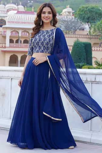 blue georgette plain lehenga choli with dupatta