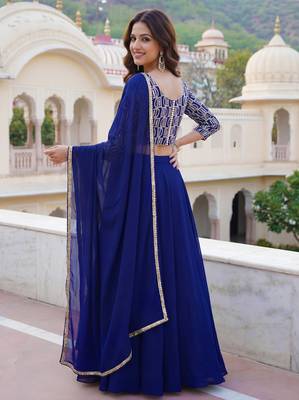 blue georgette plain lehenga choli with dupatta 3