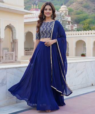 blue georgette plain lehenga choli with dupatta 4