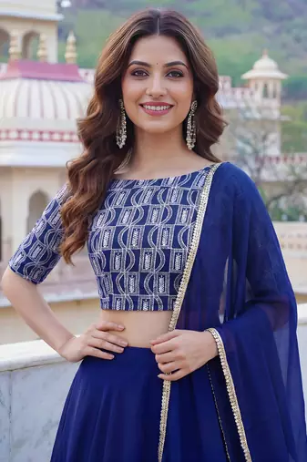 blue georgette plain lehenga choli with dupatta